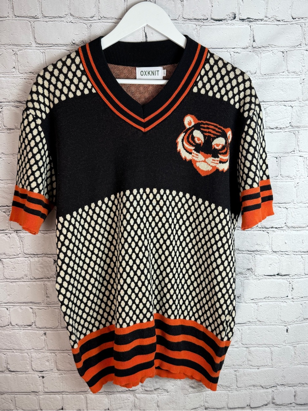 OXKNIT Black & Orange Tiger Knit Short Sleeve Sweater